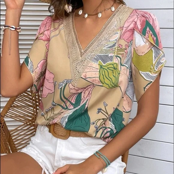 Boho Floral Print Petal Sleeve Shirt Top Blouse - Picture 3 of 8